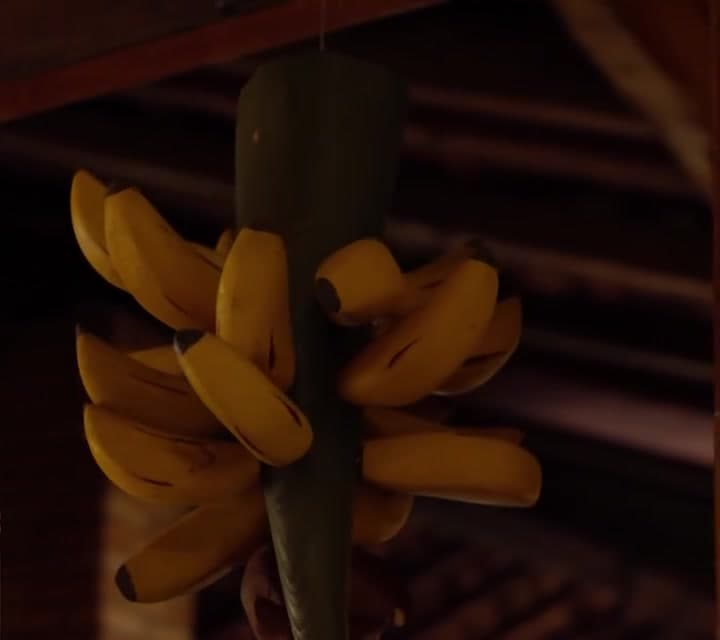 Cacho de bananas pendurado sob o telhado de madeira